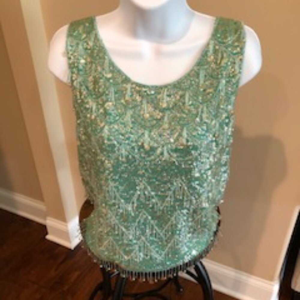 Vintage 1960's Sequin Beaded Women's Blouse Aqua Fringe Evening Flapper Top